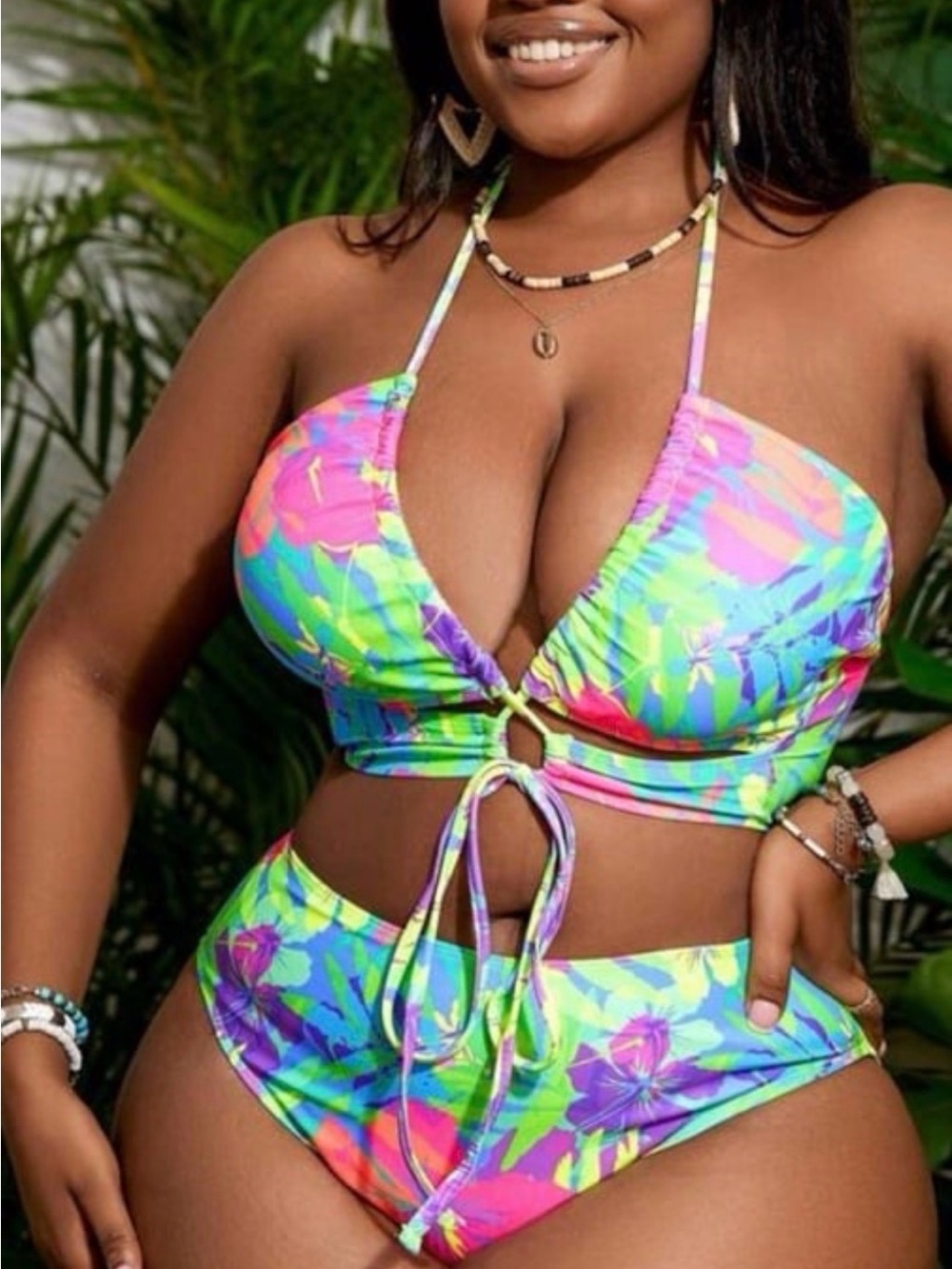 Plus Size Neon Floral Tie-Front Bikini Top and High-Waist Bottom